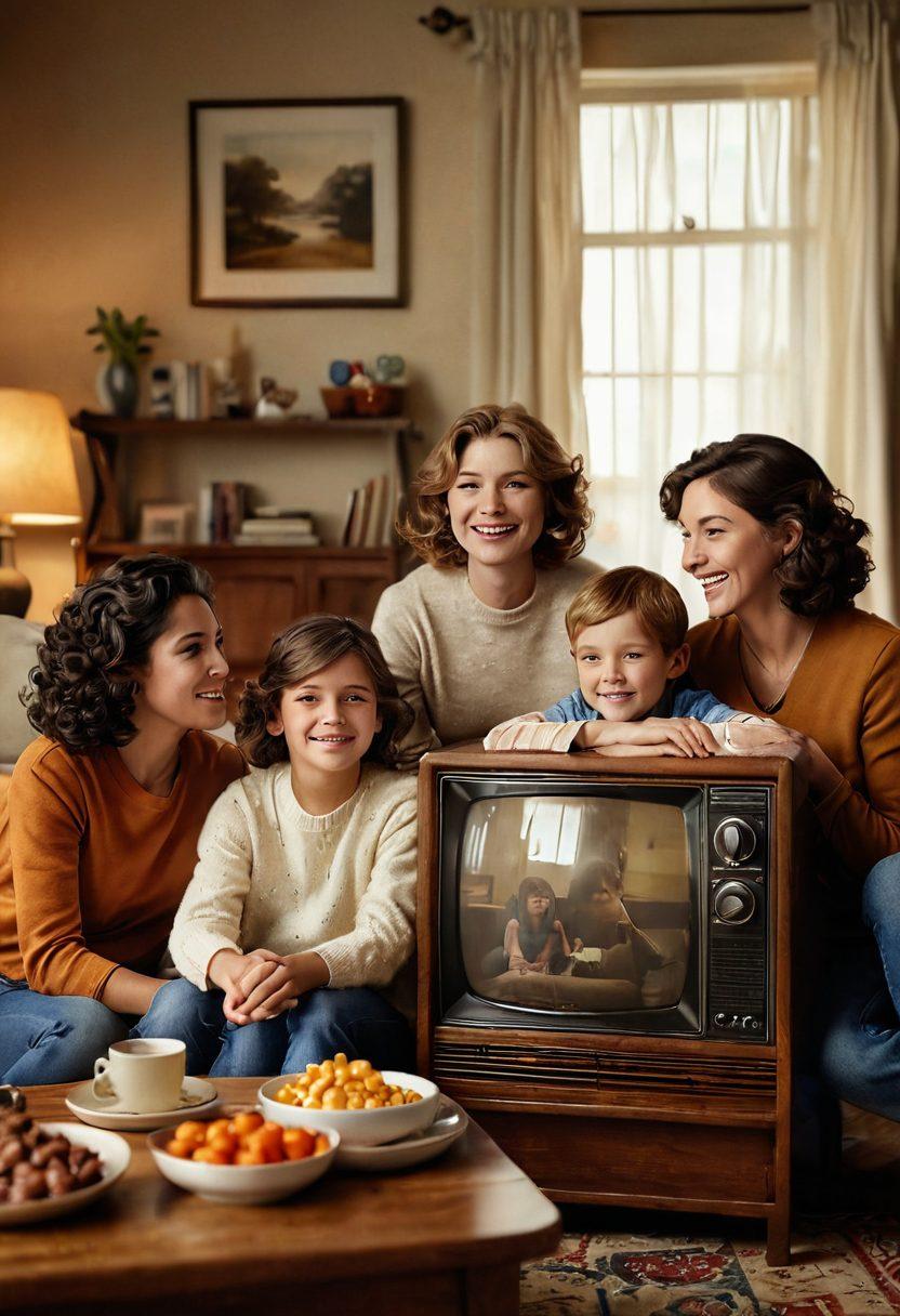 A cozy living room scene featuring a family gathered around a vintage television, with emotional expressions on their faces as they watch a heartwarming regional program. Include elements that highlight family connections, like a pet curled up nearby and snacks on the coffee table. The setting should have warm lighting and a nostalgic feel, capturing the essence of shared experiences. super-realistic. warm colors. 3D.