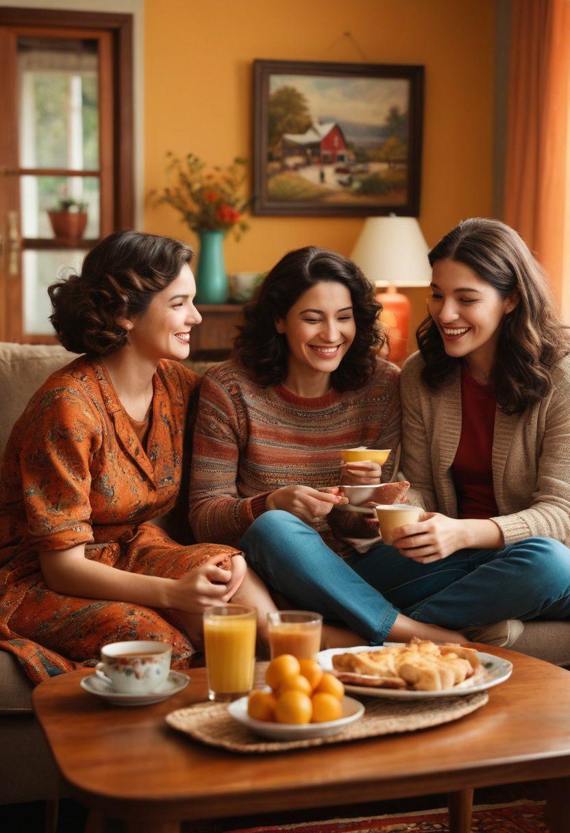 A warm family living room scene where a group of diverse family members, gathered around a vintage television set, joyfully interacts while watching a regional TV show. Show elements of affectionate gestures like hugs and laughter, with traditional snacks on a coffee table. The room should have cozy decor that reflects regional culture, like colorful textiles or artwork. The light should be soft and inviting, capturing a sense of nostalgia and togetherness. super-realistic. vibrant colors. warm tones.